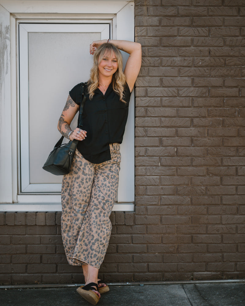 Free People Good Luck Printed Barrel Jeans in Brown Sugar