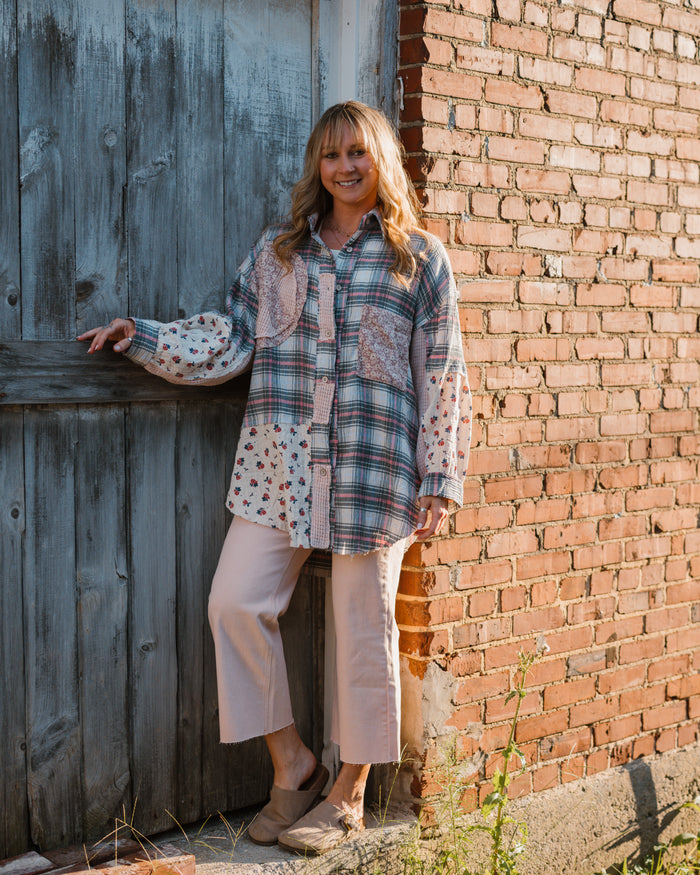 Pink Peaces Plaid Mixed Button Up