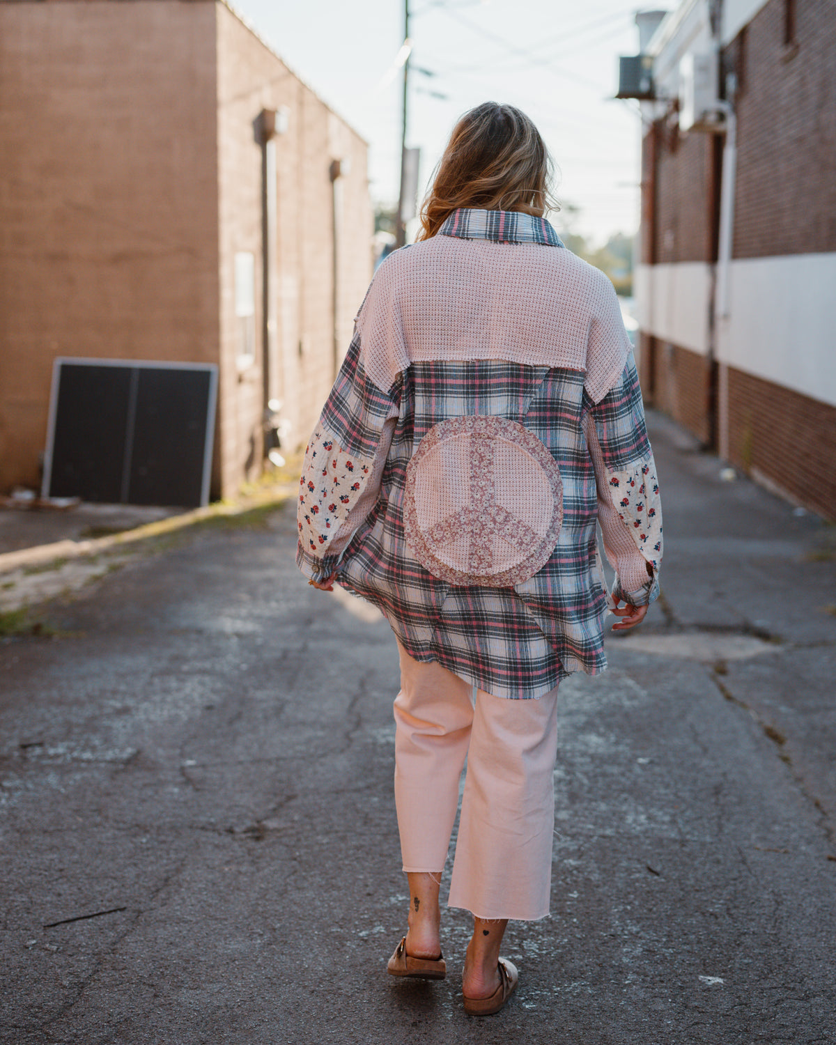 Pink Peaces Plaid Mixed Button Up