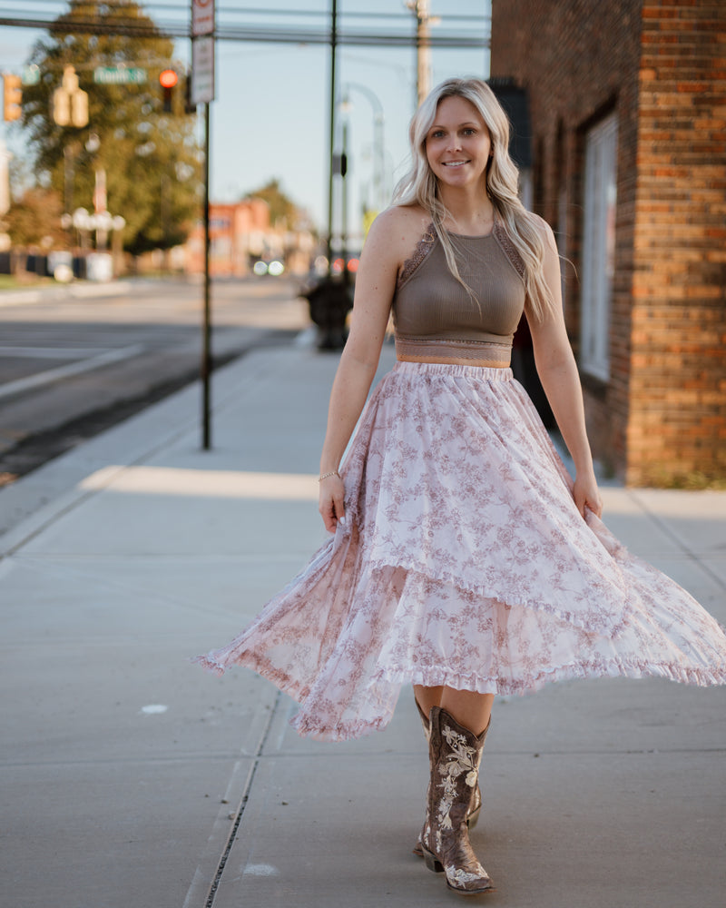 Twisted Times Floral Print Midi Skirt